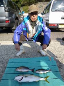 沖一文字内向き、イサギ良くつれています　他小ダイ、ハマチ