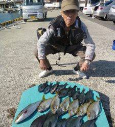 ヒラバエにてグレ40cm　磯でイサギ、ハマチも好釣