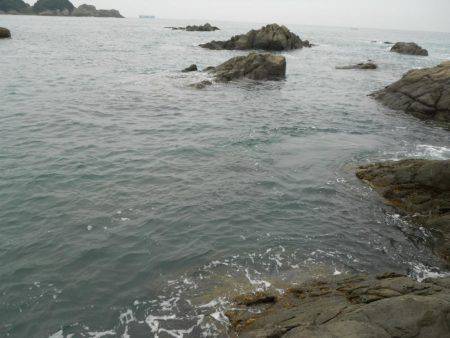 うねりの中、磯でアオリイカのヤエン釣り