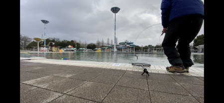 雪の舞う中エリアトラウト