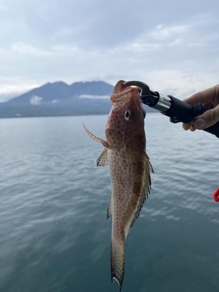 桜島をバックに
